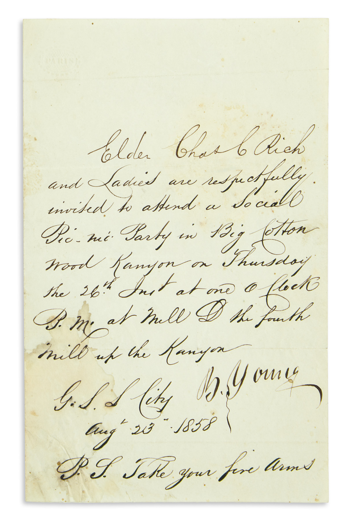 (MORMONS.) Young, Brigham. Invitation to a small post-Pioneer Day commemoration in the wake of the Utah War.